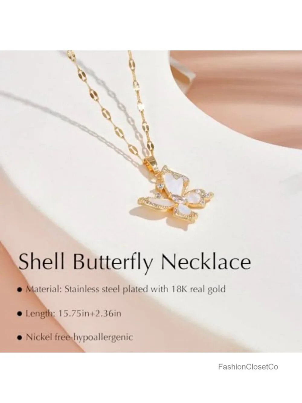 Stainless Steel Butterfly Pendant Necklace Adjustable Chain Cubic Zirconia Gold